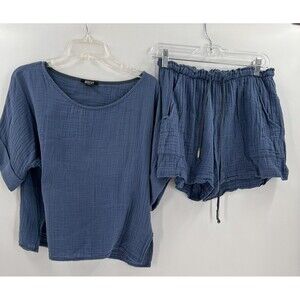 Natalie Busby Cotton Gauze Top & Short Drawstring Set in Blue Medium Made  USA